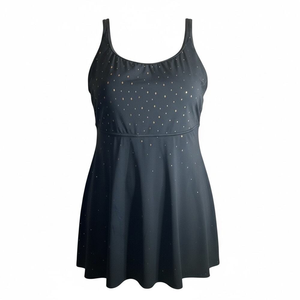 Great Lengths by Longitude Swimdress Black w/ Rose Gold Foil Dot Sz 24